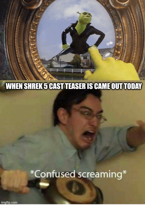 OHMYGOD this will take a long on 2026. I’m shock | WHEN SHREK 5 CAST TEASER IS CAME OUT TODAY | image tagged in confused screaming,meme,shrek,dreamworks | made w/ Imgflip meme maker