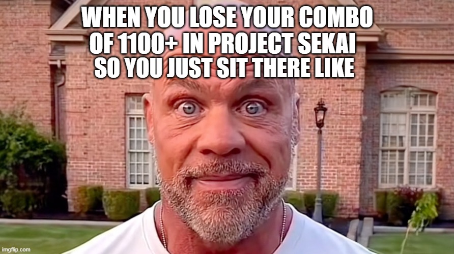 project sekai | WHEN YOU LOSE YOUR COMBO; OF 1100+ IN PROJECT SEKAI; SO YOU JUST SIT THERE LIKE | image tagged in kurt angle stare | made w/ Imgflip meme maker