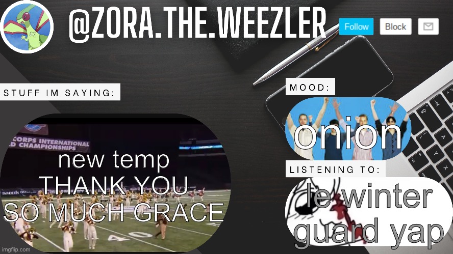 Zora's Temp by Grace | onion; new temp THANK YOU SO MUCH GRACE; le winter guard yap | image tagged in zora's temp by grace | made w/ Imgflip meme maker