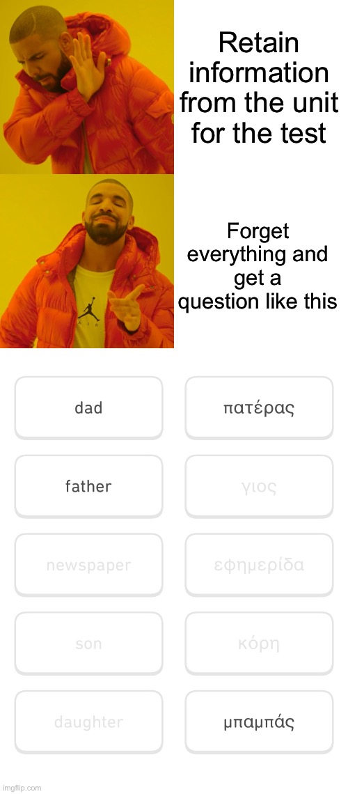 Retain information from the unit for the test; Forget everything and get a question like this | image tagged in memes,drake hotline bling | made w/ Imgflip meme maker