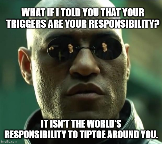 Telling me you're offended just means you can't handle your emotions and you need my help. | WHAT IF I TOLD YOU THAT YOUR TRIGGERS ARE YOUR RESPONSIBILITY? IT ISN'T THE WORLD'S RESPONSIBILITY TO TIPTOE AROUND YOU. | image tagged in morpheus | made w/ Imgflip meme maker