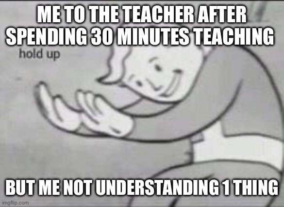 I cant comprehend | ME TO THE TEACHER AFTER SPENDING 30 MINUTES TEACHING; BUT ME NOT UNDERSTANDING 1 THING | image tagged in fallout hold up | made w/ Imgflip meme maker