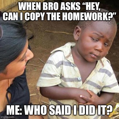 Third World Skeptical Kid Meme | WHEN BRO ASKS “HEY, CAN I COPY THE HOMEWORK?”; ME: WHO SAID I DID IT? | image tagged in memes,third world skeptical kid | made w/ Imgflip meme maker