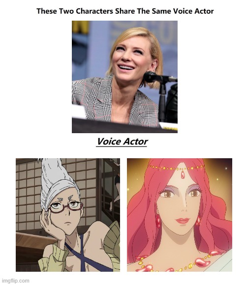 same voice actor | image tagged in same voice actor,cate,dandadan,studio ghibli,how to train your dragon,anime | made w/ Imgflip meme maker