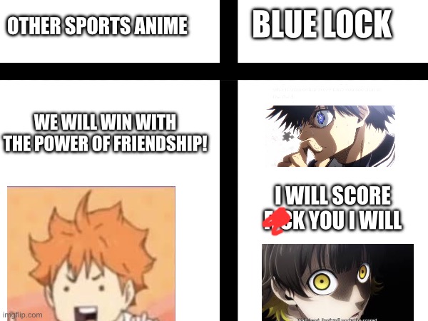 BLUE LOCK; OTHER SPORTS ANIME; WE WILL WIN WITH THE POWER OF FRIENDSHIP! I WILL SCORE

F. CK YOU I WILL | made w/ Imgflip meme maker