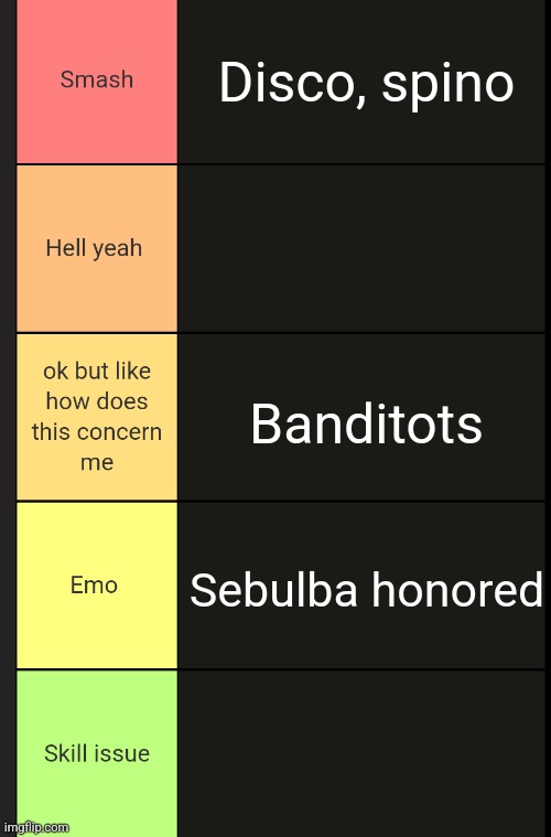 Celcius tierlist maker | Disco, spino; Banditots; Sebulba honored | image tagged in celcius tierlist maker | made w/ Imgflip meme maker