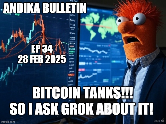 ANDIKA BULLETIN | ANDIKA BULLETIN; EP 34 28 FEB 2025; BITCOIN TANKS!!! SO I ASK GROK ABOUT IT! | image tagged in beaker | made w/ Imgflip meme maker