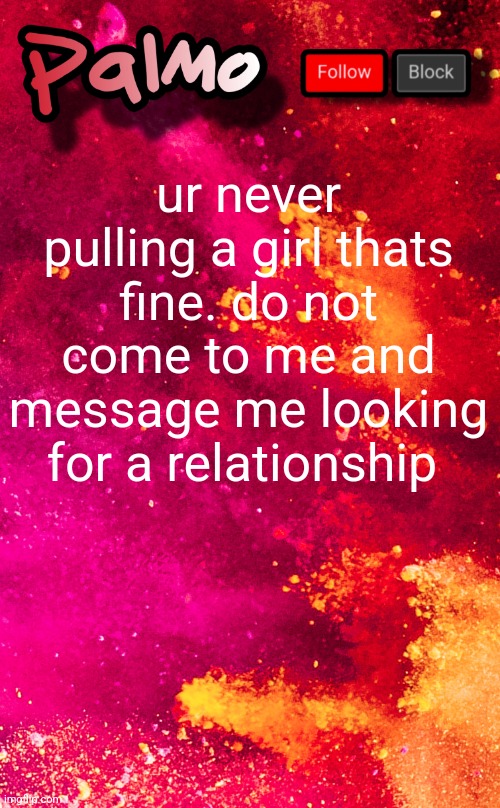 follow me pls | ur never pulling a girl thats fine. do not come to me and message me looking for a relationship | image tagged in follow me pls | made w/ Imgflip meme maker