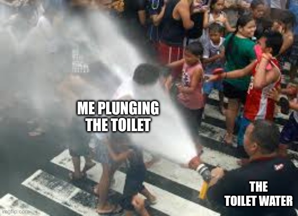 Tell me I'm not the only one | ME PLUNGING THE TOILET; THE TOILET WATER | image tagged in relatable,meme,sprayed in the face | made w/ Imgflip meme maker