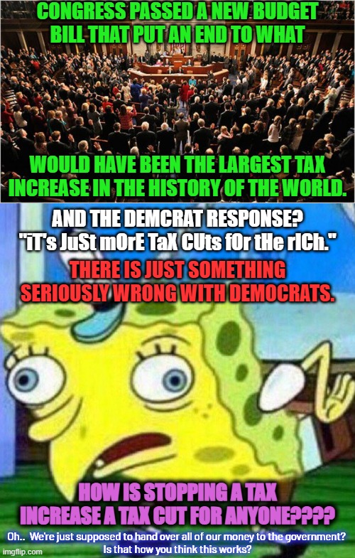 Failure to increase taxation is NOT a tax cut.  Dems have been calling them that for decades and it's never true. | CONGRESS PASSED A NEW BUDGET BILL THAT PUT AN END TO WHAT; WOULD HAVE BEEN THE LARGEST TAX INCREASE IN THE HISTORY OF THE WORLD. AND THE DEMCRAT RESPONSE?
"iT's JuSt mOrE TaX CUts fOr tHe rICh."; THERE IS JUST SOMETHING SERIOUSLY WRONG WITH DEMOCRATS. HOW IS STOPPING A TAX INCREASE A TAX CUT FOR ANYONE???? Oh..  We're just supposed to hand over all of our money to the government? 
Is that how you think this works? | image tagged in taxation is theft,democrat lies,same lie repeated every time,dems are obsolete and out of touch | made w/ Imgflip meme maker