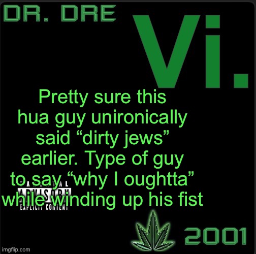 Vi. template | Pretty sure this hua guy unironically said “dirty jews” earlier. Type of guy to say “why I oughtta” while winding up his fist | image tagged in vi template | made w/ Imgflip meme maker
