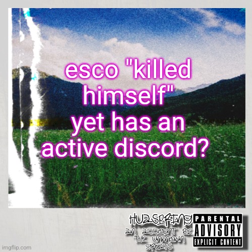 HuaSpring Temp | esco "killed himself" yet has an active discord? | image tagged in huaspring temp | made w/ Imgflip meme maker