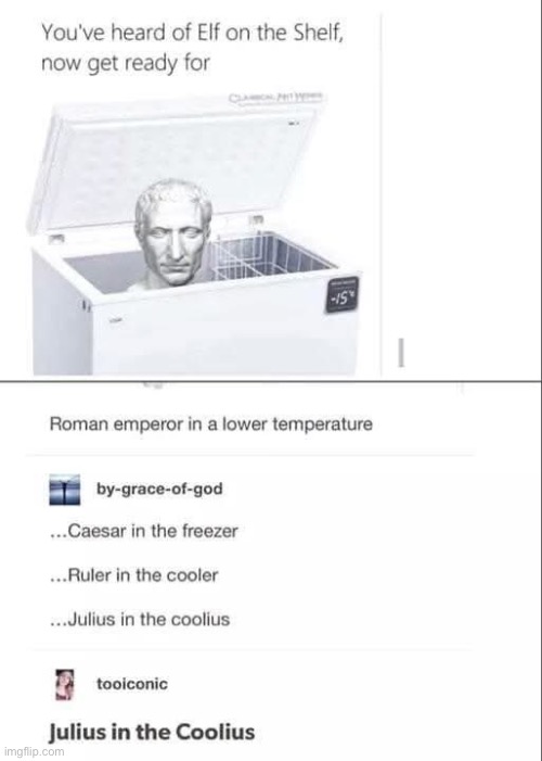 Geezer in a freezer? No | image tagged in julius caesar,freezer,emporer,temperature | made w/ Imgflip meme maker