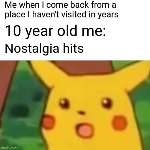 Surprised Pikachu Meme | Me when I come back from a place I haven't visited in years; 10 year old me:; Nostalgia hits | image tagged in memes,surprised pikachu | made w/ Imgflip meme maker