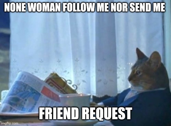 friend request | NONE WOMAN FOLLOW ME NOR SEND ME; FRIEND REQUEST | image tagged in memes,i should buy a boat cat | made w/ Imgflip meme maker