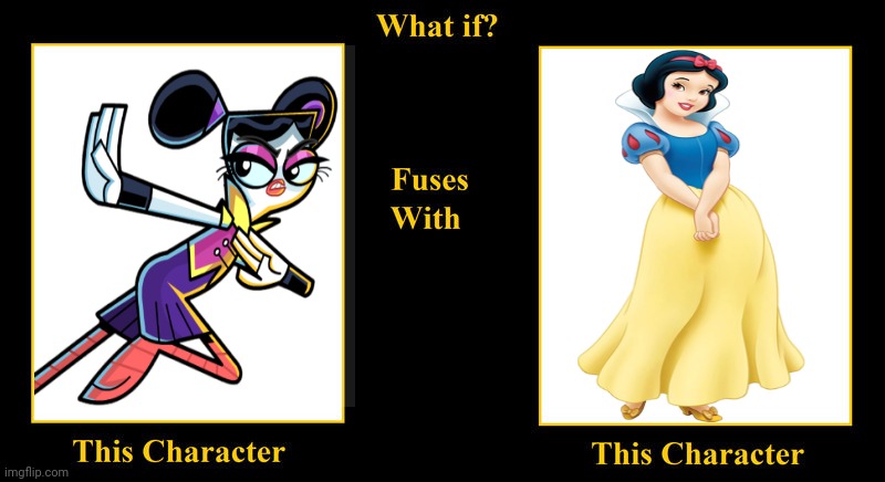 Flick Feathers Fuses With Snow White | image tagged in what if fuses,flick feathers,chuck chicken,snow white,disney princess,black hair | made w/ Imgflip meme maker