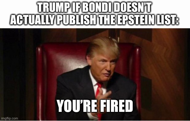 you're fired | TRUMP IF BONDI DOESN’T ACTUALLY PUBLISH THE EPSTEIN LIST: YOU’RE FIRED | image tagged in you're fired | made w/ Imgflip meme maker