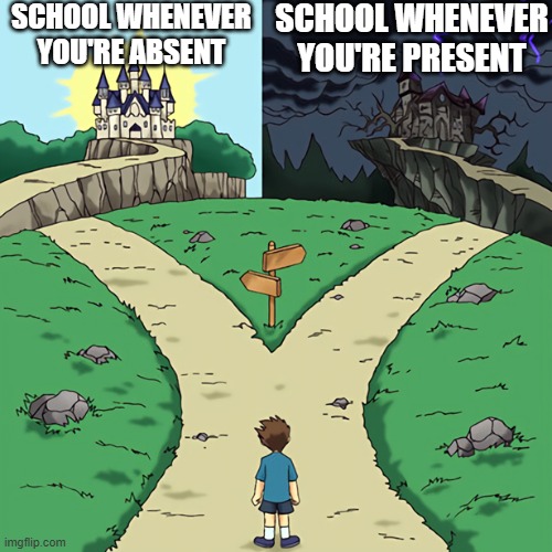 It do be like that | SCHOOL WHENEVER YOU'RE ABSENT; SCHOOL WHENEVER YOU'RE PRESENT | image tagged in two castles,memes,funny,relatable,school | made w/ Imgflip meme maker