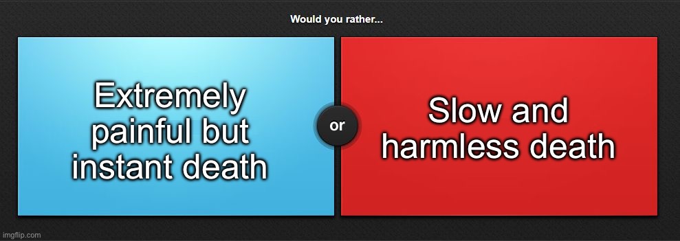 Would you rather | Extremely painful but instant death; Slow and harmless death | image tagged in would you rather,msmg | made w/ Imgflip meme maker