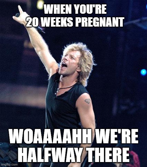 Bon Jovi | WHEN YOU'RE 20 WEEKS PREGNANT; WOAAAAHH WE'RE HALFWAY THERE | image tagged in bon jovi | made w/ Imgflip meme maker