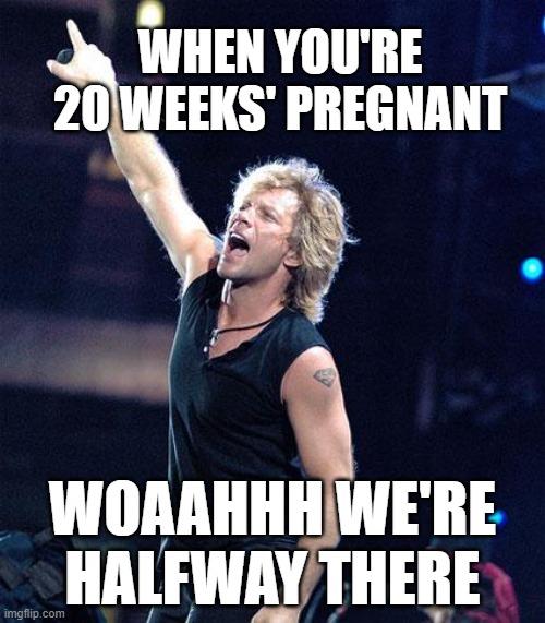 Bon Jovi | WHEN YOU'RE 20 WEEKS' PREGNANT; WOAAHHH WE'RE HALFWAY THERE | image tagged in bon jovi | made w/ Imgflip meme maker