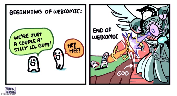 This is basically Swords Comics in a nutshell: | image tagged in webcomic,beginning,end,characters,god,so true | made w/ Imgflip meme maker