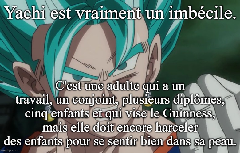 MLG Vegito | Yachi est vraiment un imbécile. C'est une adulte qui a un travail, un conjoint, plusieurs diplômes, cinq enfants et qui vise le Guinness, mais elle doit encore harceler des enfants pour se sentir bien dans sa peau. | image tagged in mlg vegito | made w/ Imgflip meme maker