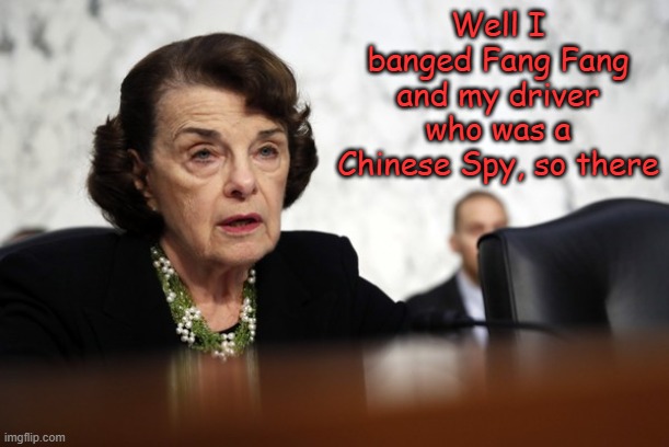 Dianne Feinstein dimwit | Well I banged Fang Fang and my driver who was a Chinese Spy, so there | image tagged in dianne feinstein dimwit | made w/ Imgflip meme maker