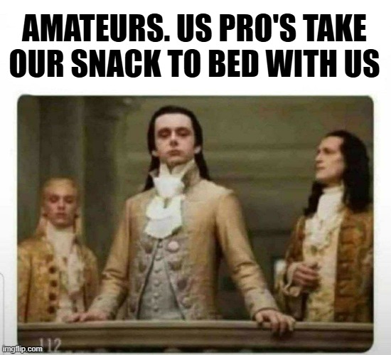 AMATEURS. US PRO'S TAKE OUR SNACK TO BED WITH US | image tagged in haughty renaissance men | made w/ Imgflip meme maker