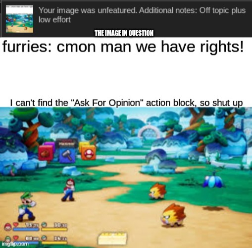 Can't a man make a Mario and Luigi: Brothership joke in peace? "Low effort" my ass. | THE IMAGE IN QUESTION | image tagged in mario and luigi,anti furry,wtf | made w/ Imgflip meme maker