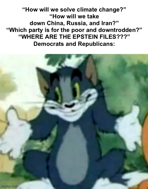 Ladies and gentlemen, the duopoly! | “How will we solve climate change?”
“How will we take down China, Russia, and Iran?”
“Which party is for the poor and downtrodden?”
“WHERE ARE THE EPSTEIN FILES???”
Democrats and Republicans: | image tagged in shrugging tom,climate change,jeffrey epstein,epstein,memes,dank memes | made w/ Imgflip meme maker