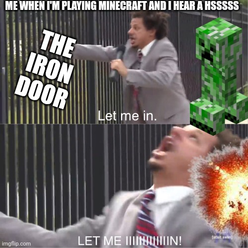 let me in | ME WHEN I'M PLAYING MINECRAFT AND I HEAR A HSSSSS; THE IRON DOOR | image tagged in let me in,relatable,minecraft | made w/ Imgflip meme maker