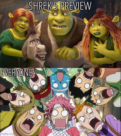 Shrek 5 Memes | SHREK 5 PREVIEW; ChristinaO; EVERYONE: | image tagged in memes,fairy tail,shrek,shrek 5,dreamworks,anime memes | made w/ Imgflip meme maker