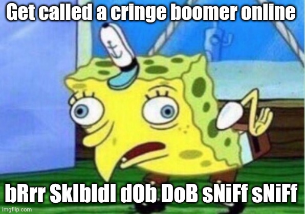 Mocking Spongebob | Get called a cringe boomer online; bRrr SkIbIdI dOb DoB sNiFf sNiFf | image tagged in memes,mocking spongebob | made w/ Imgflip meme maker