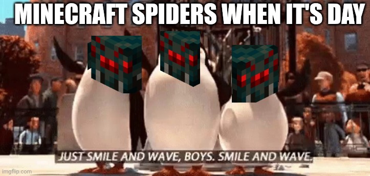 Just smile and wave boys | MINECRAFT SPIDERS WHEN IT'S DAY | image tagged in just smile and wave boys | made w/ Imgflip meme maker