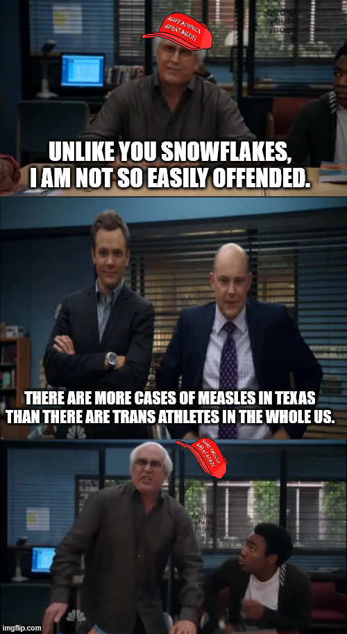 MAGA Snowflake | UNLIKE YOU SNOWFLAKES, I AM NOT SO EASILY OFFENDED. THERE ARE MORE CASES OF MEASLES IN TEXAS THAN THERE ARE TRANS ATHLETES IN THE WHOLE US. | image tagged in maga snowflake | made w/ Imgflip meme maker