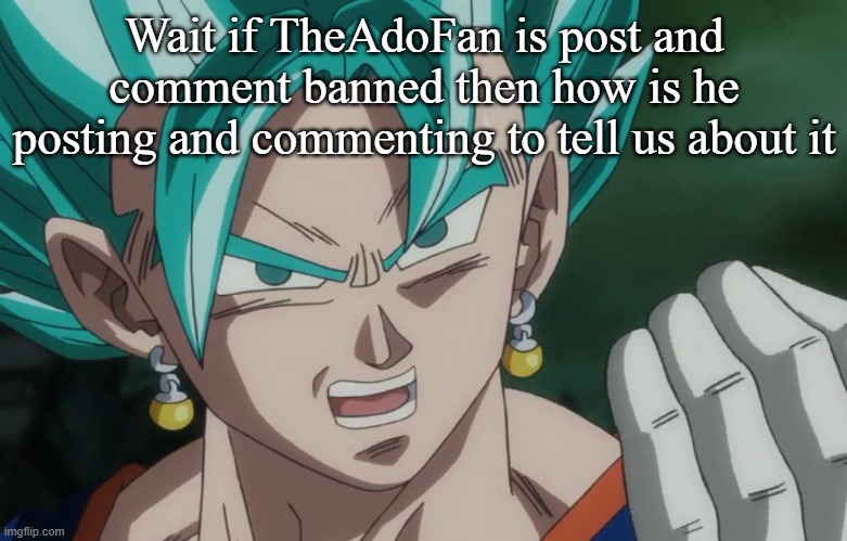 MLG Vegito | Wait if TheAdoFan is post and comment banned then how is he posting and commenting to tell us about it | image tagged in mlg vegito | made w/ Imgflip meme maker