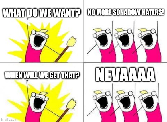 WHAT DO WE WANT? NO MORE SONADOW HATERS!! | WHAT DO WE WANT? NO MORE SONADOW HATERS! NEVAAAA; WHEN WILL WE GET THAT? | image tagged in memes,what do we want | made w/ Imgflip meme maker