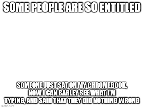 >:( | SOME PEOPLE ARE SO ENTITLED; SOMEONE JUST SAT ON MY CHROMEBOOK, NOW I CAN BARLEY SEE WHAT I'M TYPING, AND SAID THAT THEY DID NOTHING WRONG | image tagged in entitled,school,chromebook | made w/ Imgflip meme maker