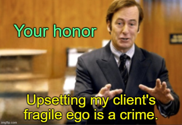 . | Your honor; Upsetting my client's fragile ego is a crime. | image tagged in saul goodman defending | made w/ Imgflip meme maker