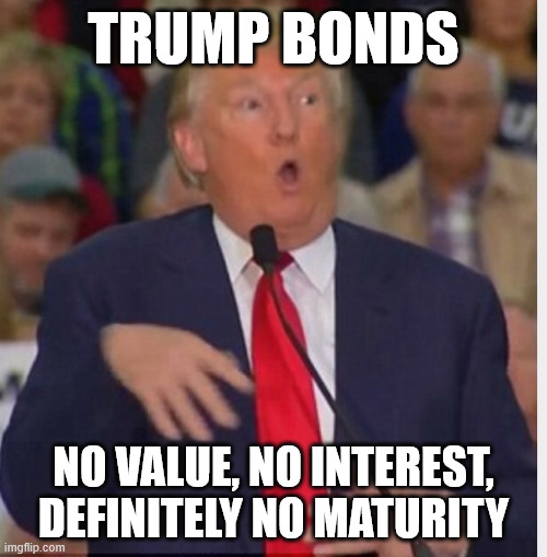 Trump 100 Year Bonds | TRUMP BONDS; NO VALUE, NO INTEREST, DEFINITELY NO MATURITY | image tagged in donald trump,political meme,economy | made w/ Imgflip meme maker