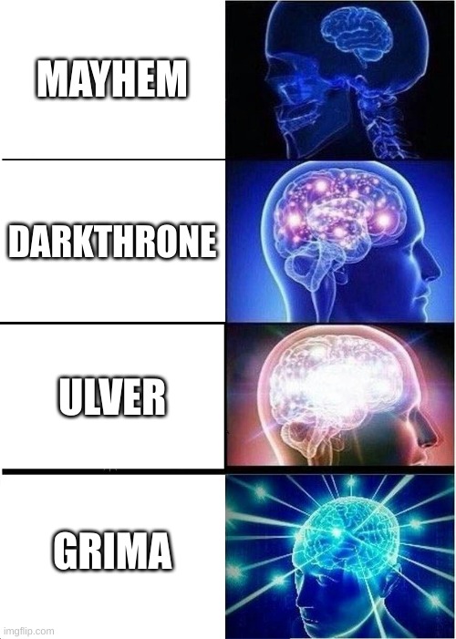 Not hating on any bands btw, I love them all :3 | MAYHEM; DARKTHRONE; ULVER; GRIMA | image tagged in memes,expanding brain | made w/ Imgflip meme maker