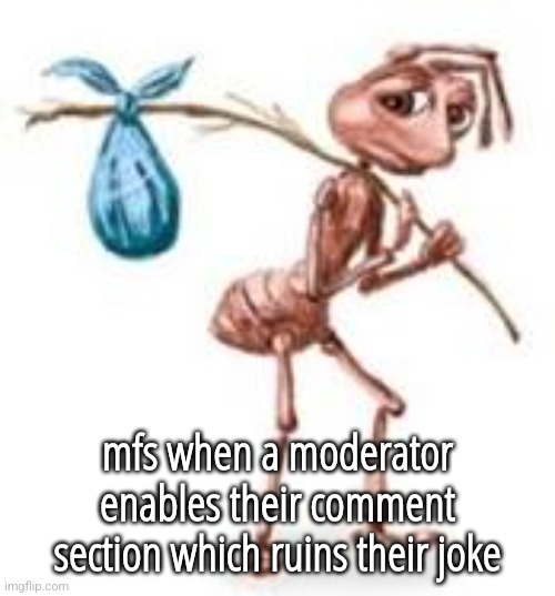 Sad ant with bindle | mfs when a moderator enables their comment section which ruins their joke | image tagged in sad ant with bindle | made w/ Imgflip meme maker