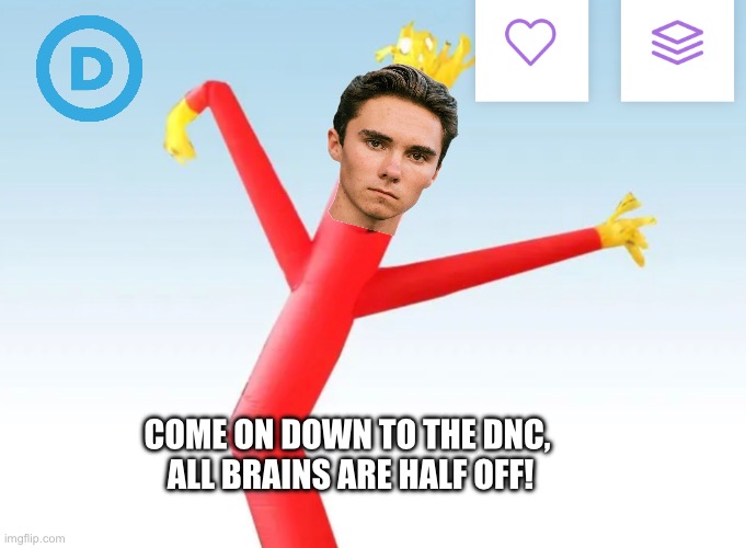 hogg flap | COME ON DOWN TO THE DNC,  ALL BRAINS ARE HALF OFF! | image tagged in david hogg | made w/ Imgflip meme maker