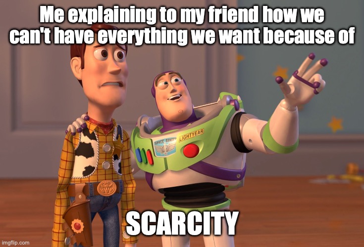 X, X Everywhere | Me explaining to my friend how we can't have everything we want because of; SCARCITY | image tagged in memes,x x everywhere | made w/ Imgflip meme maker