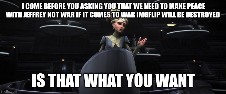 padme amidala | I COME BEFORE YOU ASKING YOU THAT WE NEED TO MAKE PEACE WITH JEFFREY NOT WAR IF IT COMES TO WAR IMGFLIP WILL BE DESTROYED; IS THAT WHAT YOU WANT | image tagged in padme amidala | made w/ Imgflip meme maker