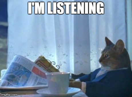 I Should Buy A Boat Cat Meme | I'M LISTENING | image tagged in memes,i should buy a boat cat | made w/ Imgflip meme maker