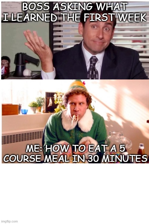 EAT FAST | BOSS ASKING WHAT I LEARNED THE FIRST WEEK; ME: HOW TO EAT A 5 COURSE MEAL IN 30 MINUTES | image tagged in new job,boss,funny,food,fast,foodie | made w/ Imgflip meme maker