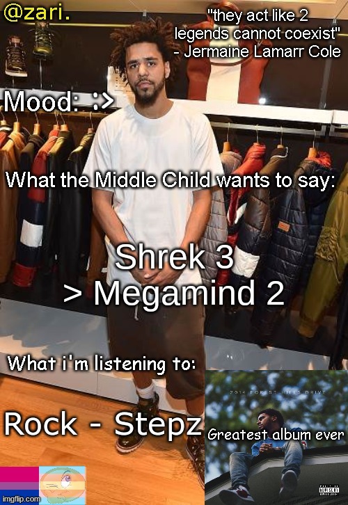 zari.'s J. Cole temp | :>; Shrek 3 > Megamind 2; Rock - Stepz | image tagged in zari 's j cole temp | made w/ Imgflip meme maker