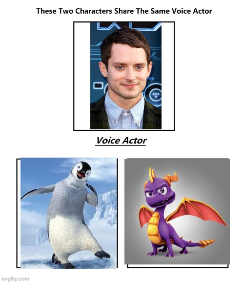 Elijah Wood | image tagged in same voice actor,elijah wood,happy feet,spyro,the legend of spyro | made w/ Imgflip meme maker